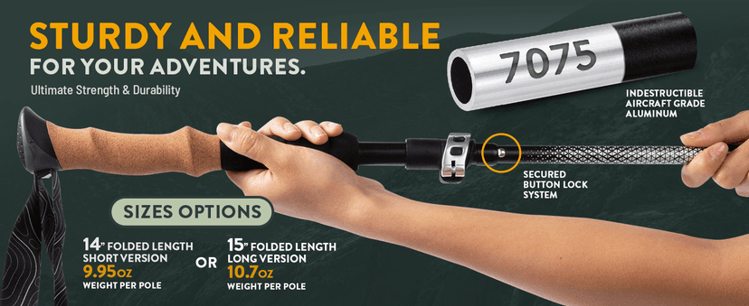 Premium Foldable Hiking Poles by USA Brand - Adjustable, Lightweight Trekking Poles Made of Aircraft Aluminum, Metal Flip Locks & Comfortable Real Cork and EVA Foam Grips
