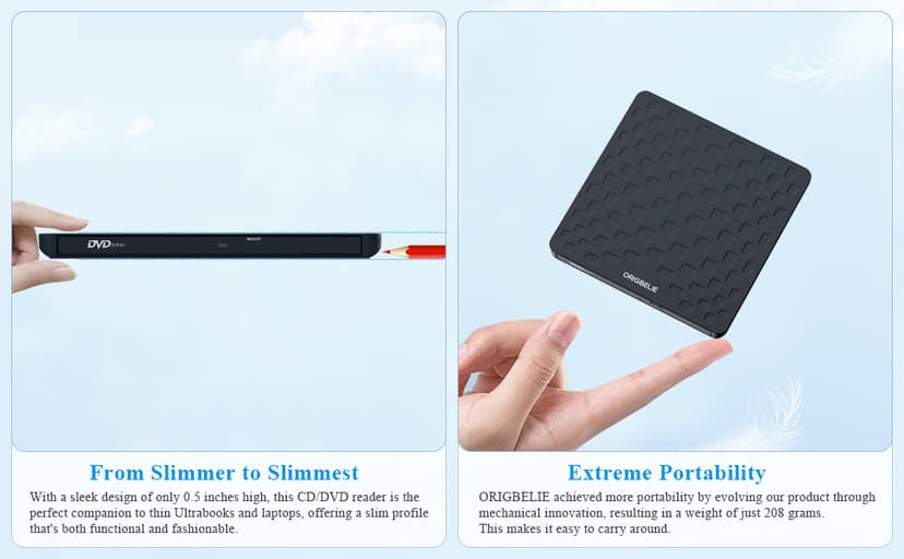 ORIGBELIE External CD DVD Drive for Laptop, USB 3.0 Type-C Ultra Slim 13mm DVD Player Portable CD DVD +/-RW Drive CD Burner Reader Writer Recorder for Desktop PC Windows 11/10/8/7 Linux Mac OS (Black)