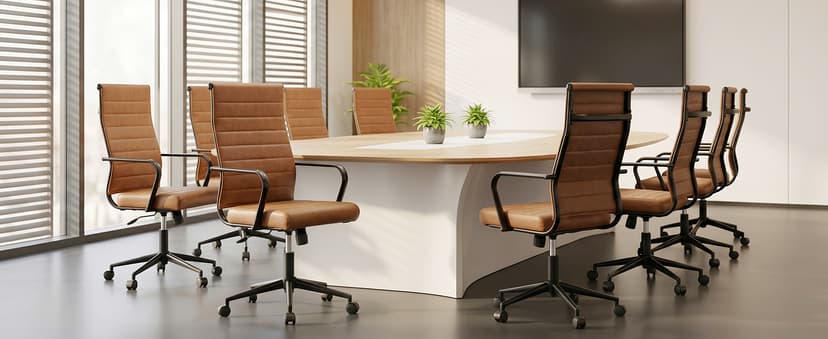 Okeysen Leather Office Desk Chair, Mid-Century Modern Leather Conference Room Chairs, Ergonomic Executive Ribbed Height Adjustable Swivel Rolling Chair for Home Office.