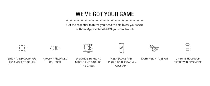 Garmin Approach® S44, Essential Golf GPS Smartwatch, AMOLED Display, On-Course Features, Silver Aluminum Bezel with Black Silicone Band