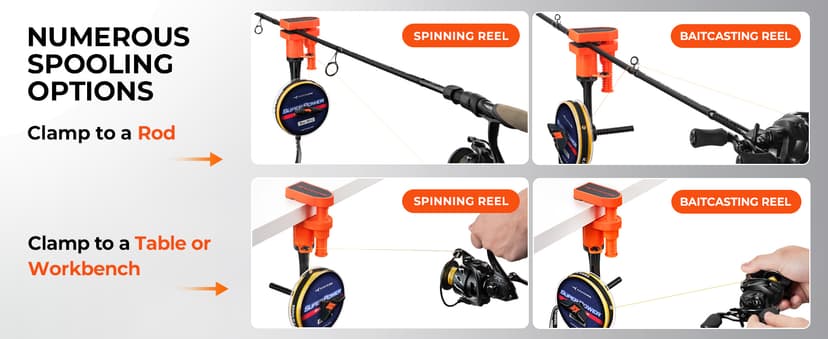 KastKing TrueWind Clamp-On Fishing Line Spooler, Portable Fishing Reel Spooler for Spinning & Baitcasting Reels, No Line Twist, Adjustable Tension, Built-in Line Cutter