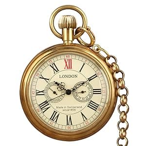 VIGOROSO Men's Vintage Full Copper Hand-Wind Mechanical Second&24hours Sub-dials Pocket Watch in Box