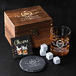 30th Birthday Gifts for Men Whiskey Glass Set - 30th Birthday Decorations, Party Supplies - 30 Year Anniversary, Bday Gifts Ideas for Him, Dad, Husband, Friends - Wood Box & Whiskey Stones & Coaster B0BJCWJDC4