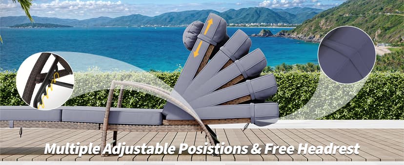 GarveeLife 2-Piece Rattan Patio Folding Chaise Lounge, 5-Position Adjustable Backrest Outdoor Lounge Chair with Cushion and Pillow for Poolside, Backyard, Deck, Porch, Blue