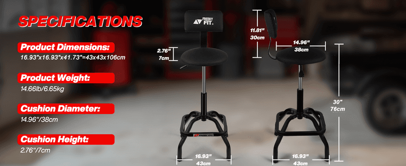 Shop Stool with Backrest, Mechanic Garage Stool for Workshop, Adjustable Shop Stools Chair, Padded Workbench Stools for Men Women, 300 LBS Capacity, 360° Swivel PVC Seat, Heavy Duty, Black