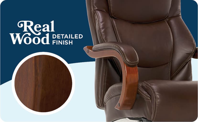 La-Z-Boy Delano Big and Tall Executive Office Chair - Ergonomic Lumbar Support Memory Foam - Bonded Leather Desk Chair for Home Office - Mahogany Wood Arms - Chestnut Brown