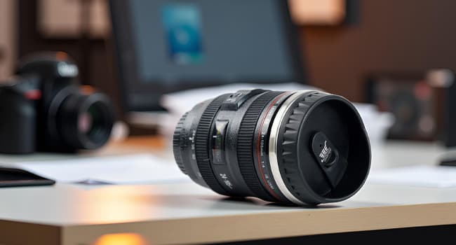 Camera Lens Coffee Mug with Slider Lid and Spoon– Realistic DSLR Thermos Cup, Novelty Gift for Photographers, Men & Women