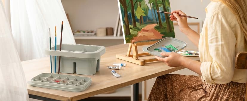 18 mixing wells, 16 slots fitting 0.24-0.63 in diameters, 3 washing compartments, removable tray lid MyLifeUNIT Paint Brush Cleaner, Paint Brush Holder with Palette, Grey B01H5JIU14