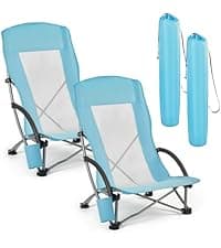 VEVOR Folding Beach Chair, High Back Camping Chairs for Adults, with Cup Pocket, Mesh Back, Carry Bag, Portable Extra Wide Seat Chair 330 lbs Heavy Duty Support, for Outdoor, Camp, Light Blue