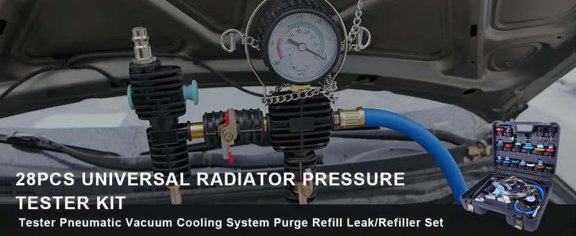 28pcs Universal Radiator Pressure Tester Kit, Tester Pneumatic Vacuum Cooling System Purge Refill Leak/Refiller Set, Universal Automotive Domestic/Import Vehicles, Motorcycle