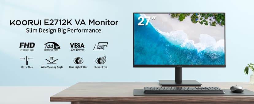KOORUI 27 Inch Gaming Office Monitor 144Hz VA Display 4000:1 Contrast Ratio, FreeSync FHD 1080P, Eye Care TÜV Rheinland Certified, Slim Bezels, HDMI VGA Ports, Ergonomic Tilt, VESA Mount, Black