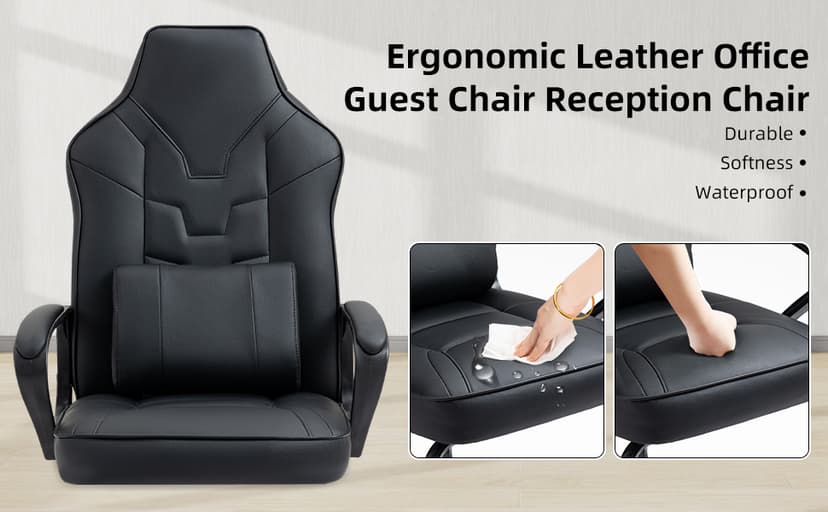 Leather Office Guest Chair No Wheels High Back Computer Reception Chairs with Padded Arms Waist Pillow for Gaming Meeting Conference Waiting Room, Black