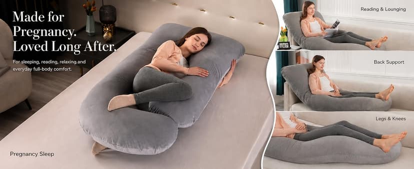 Pregnancy Pillow, Full Body 57 Inch Maternity Pillow with Removable Washable Cover - Sleep Support for Legs, Back, Neck, Shoulder, HIPS, Belly for Pregnent Women, Black Grey Velvet Cover
