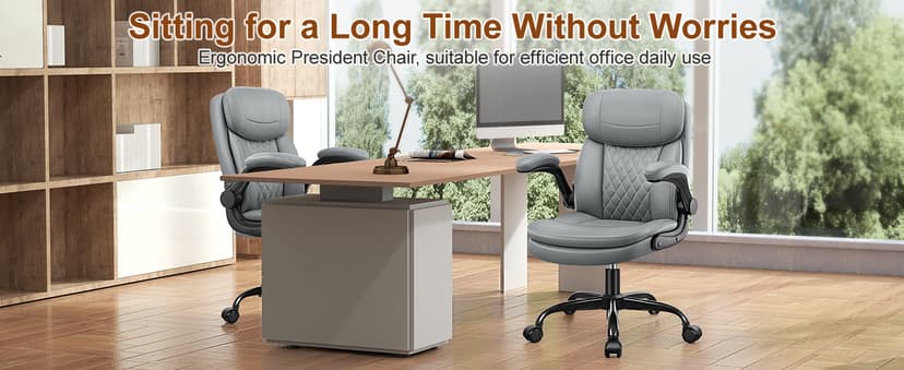 Leather Office Chair, Upgraded PU Computer Desk Chairs with Double-Layer Seat Cushion and Neckrest, 360°Swivel, Ergonomic Small Gaming Chair with Wheels and Adjustable Armrests for Short People, Grey