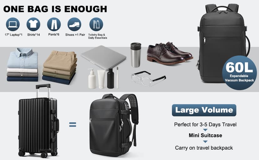 Vacuum Backpack Travel 60L Expandable Vacuum Seal Compression Travel Backpack with Pump, TSA, Waterproof Oxford,17" Laptop Compartment,Carry On Backpack for Men & Women,Business,Flight Travel (Black)