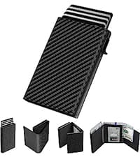 typecase Mens Wallet Card Holder: Pop Up Aluminum Case, Genuine Leather, Smart, RFID Blocking, Slim, Minimalist, Front Pocket - 9-14 Card Capacity | ID Window | Cash Slot (Carbon Fiber)