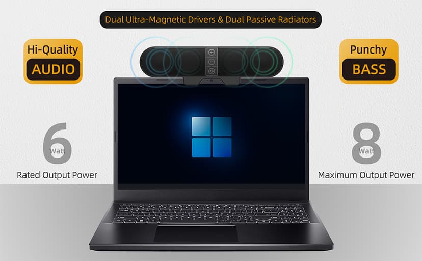 Computer Speakers for Desktop PC Monitor, USB Plug-in, Wired, Computer Soundbar for PC, Laptop Speakers with Adaptive-Channel-Switching, Loud Sound, Deep Bass, USB C Adapter, Easy to Clip on Monitor