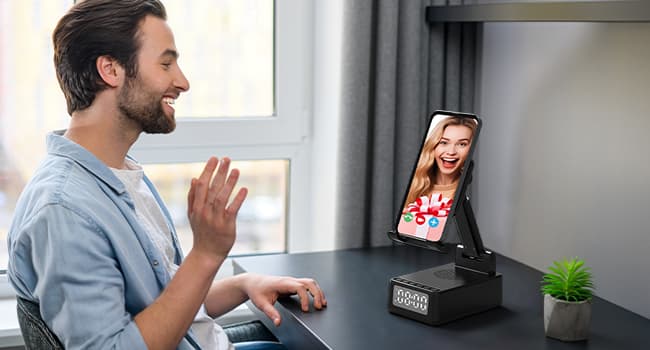 Birthday Gifts for Men Women,6-in-1 Cell Phone Stand Holder with Wireless Bluetooth Speaker & Wireless Charger,Alarm Clock for iPhone,HD Surround Sound Portable Bluetooth Speaker Gifts for Him Her