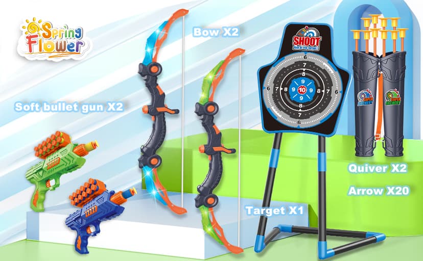 SpringFlower 2 Bow and Arrow Sets with LED Light-up,2 Foam Dart Guns for Kids 5 6 7 8 9 10+ Years Old, Archery Set with Standing Target for Boys & Girl, Ideal Gift