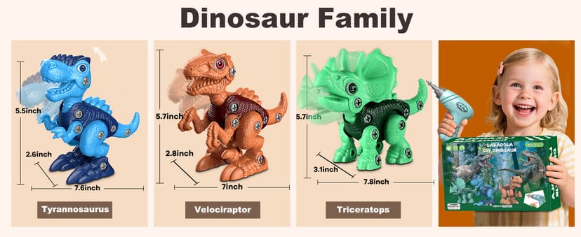 Laradola Dinosaur Toys for 3 4 5 6 7 8 Year Old Boys, Take Apart Dinosaur Toys for Kids 3-5 5-7 STEM Construction Building Kids Toy with Electric Drill, Party Christmas Birthday Gifts Boys Girls
