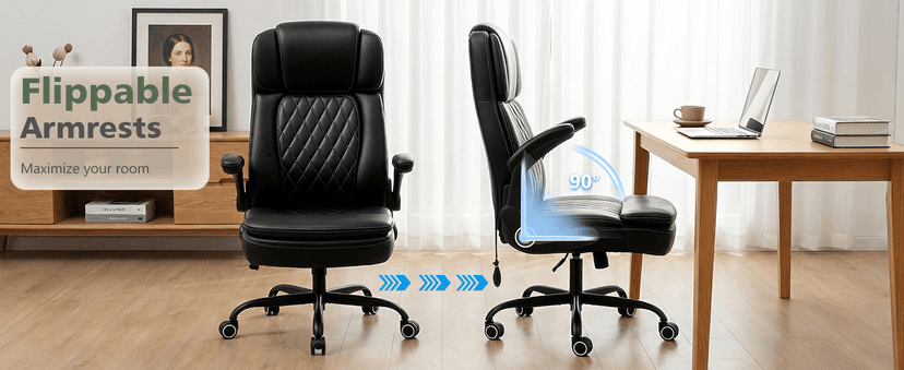 450LBS Big and Tall Executive Office Chair with Flip up Arm, Heavy Duty PU Leather Computer Desk Chair,Comfortable High Back Swivel Home Office Chair with Rolling for Adults,Spring Cushion,Metal Base