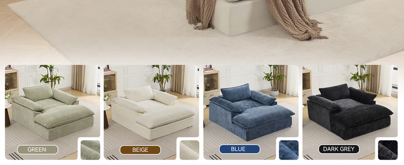 WUTUTUEE 69" Oversized Chaise Lounge Chair Indoor, No Assembly Beige Lounge Couch, Chenille Upholstered Sofa Bed with Pockets, Oversized Reading Chair with Ottoman for Living Room, Bedroom, Office