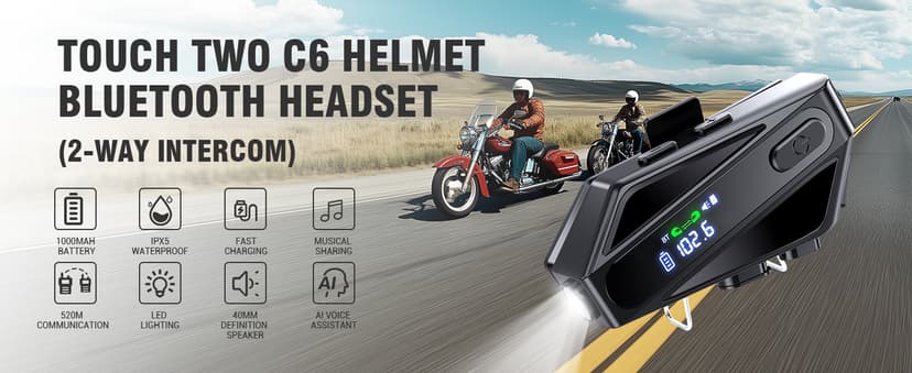 Motorcycle Helmet Bluetooth Headset, C6 Helmet Speakers with 2 Type Mics, Intercom/Hands-Free Call/Music/Waterproof/Noise Cancellation/Wake Up Siri, Suitable for Motorcycles, Skiing, and Cycling