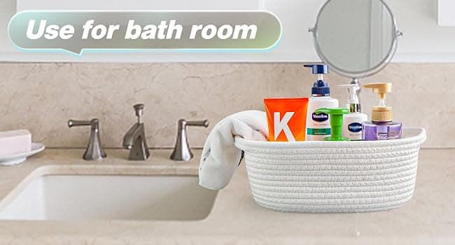 Pro Goleem Small Woven Basket with Gift Bags and Ribbons Durable Baskets for Halloween Gifts Empty Small Rope Basket for Storage 12"X 8" X 5" Baby Toy Baskets with Handles, White