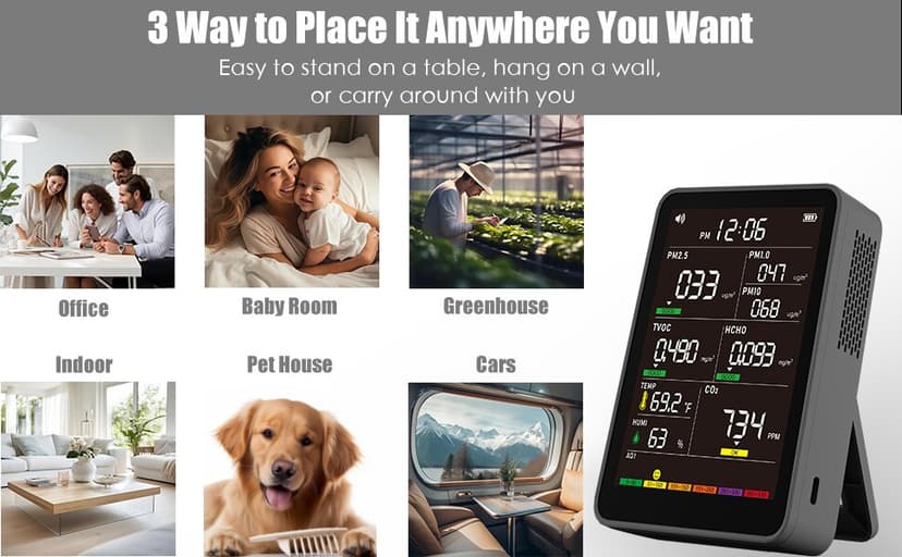 Professional Indoor Air Quality Monitor with AQI Alerts, Portable Real-Time Detector for Home, Car, Plants & Pet (Advanced Black)