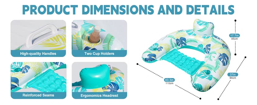 2 Pack Inflatable Pool Float Chair, Floating Pool Chair Adults Pool Lounger Float with Cup Holder & Handles Water Floats for Adults Lake Chair Floats for Swimming Pool River Beach Party