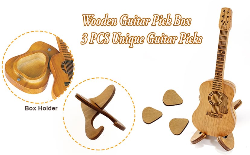 Doyyi Wooden Music Accessory Case with 3 Guitar Picks, Portable Holder and Storage Box for Plectrums - Thoughtful Gift for Guitar Players
