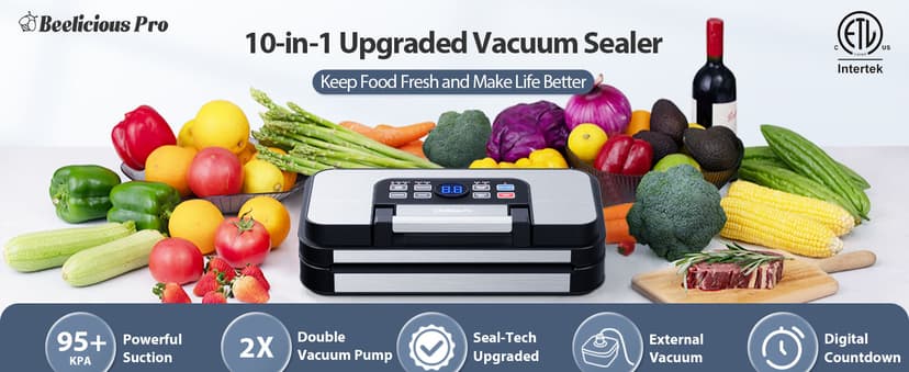 95Kpa Powerful Precision Pro Vacuum Sealer, with Double Heat Seal & Double Pump, Easy-Lock Handle, 10-in-1 Vacuum Sealer Machine for Food with Bags Storage, Built-in Cutter, Stainless Steel