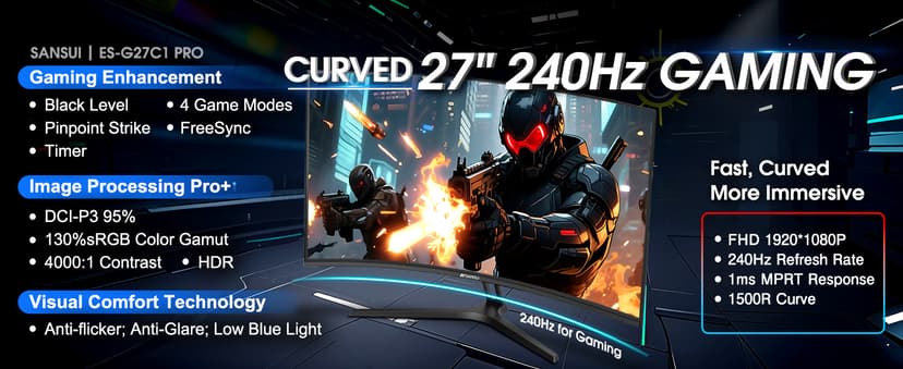 SANSUI 27 Inch Curved 240Hz Gaming Monitor FHD 1080P, 1500R Curve Computer Monitor, 130% sRGB, 4000:1 Contrast, HDR, FreeSync, MPRT 1Ms, Low Blue Light, HDMI DP Ports, Metal Stand, DP Cable Incl.