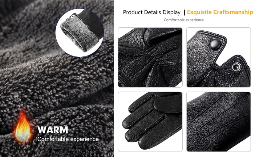 QOF Winter Genuine Leather Gloves for Men, Cashmere Warm Lined Finger Touchscreen Texting Driving Gloves