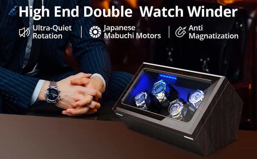 High End Watch Winder for Automatic Watches with Super Quiet Motor, Blue LED Light & Rotation Mode Setting, Watch Winder for Rolex with Flexible Pillow, Dual Power