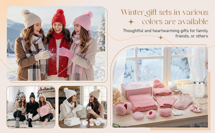 Patelai 11 Pcs Birthday Basket Gifts Set for Women Knitted Winter Beanie Hat Gloves Scarf Earmuff Tumbler Candle Fleece Socks