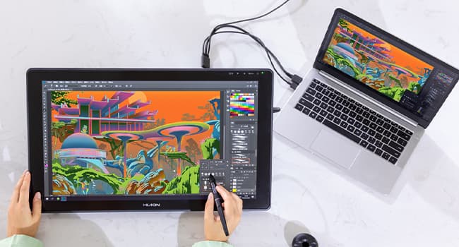 HUION Kamvas 22 Plus QLED Drawing Tablet with Full-Laminated Screen USB-C Connection 140% sRGB Tilt, 21.5 inch Graphics Art Tablet for Artist & Designer, Work with Mac, Windows, Linux & Android Black