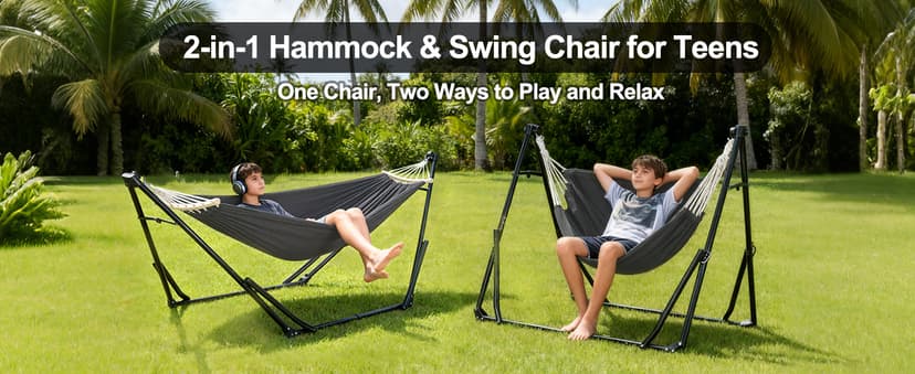 2-in-1 Hammock & Swing Chair for Teens – Adjustable Folding Chair with Collapsible Steel Stand, Portable for Camping, Travel, Patio & Indoor Use, Includes Carrying Case, Supports 440 LBS