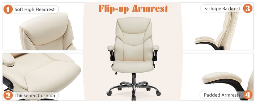Sweetcrispy Ergonomic Office Chair Heavy Duty Task Desk Chair with Flip-up Arms, PU Leather, Adjustable Swivel Rolling Chair with Wheels, Beige
