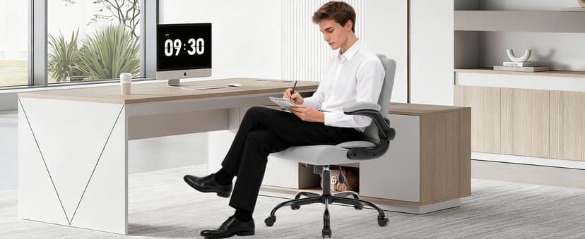 Office Chair with Adjustable Inflatable Lumbar Support,Leather Ergonomic Computer Desk Chair with Flip-up Arms,Adjustable Tilt Lock,Swivel Rolling Executive PC Chair for Work,Study,Meeting.Grey