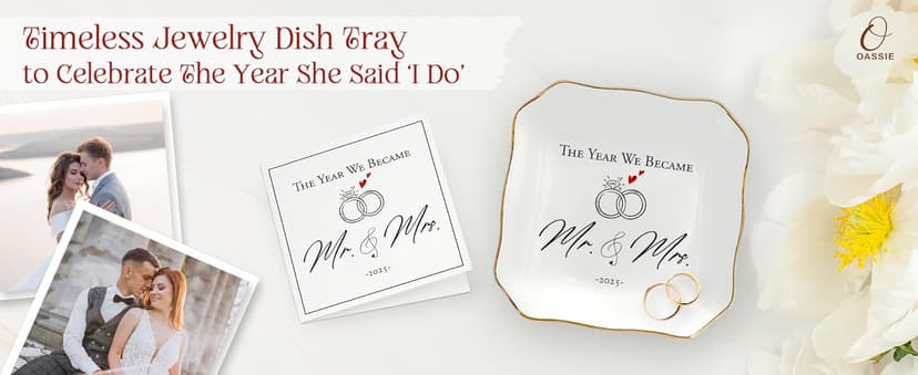 OASSIE Wedding Gifts for Couple 2025 - Mr & Mrs 4"x4" Ceramic Jewelry Dish Tray - Bridal Shower Gifts for Women, Marriage Gift Ideas, Anniversary Engagement Gifts for Couples, Jewelry Holder Dish