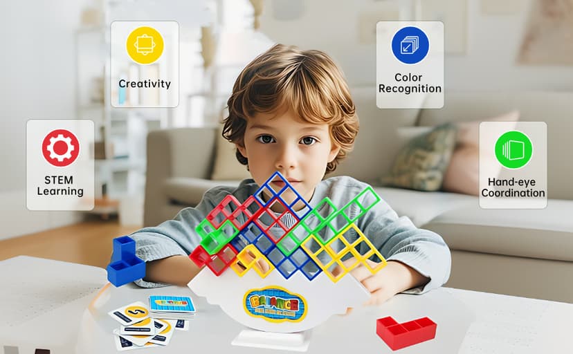 64 Pcs Stacking Tower Game with 22 Cards, Giant Tumble Balance Game for Kids, Family Games for Kids and Adults, Easter Gifts for Teen Boys & Girls, Party Board Game for Kids 6-12 & Adults