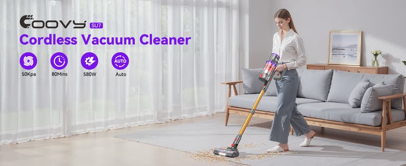Coovy SU7 Cordless Vacuum Cleaner 580W 50Kpa 80 Minutes Runtime Stick Vacuum with Touch Screen Anti-Tangle Wireless Powerful Lightweight LED Vac for Home Pet Hair Carpet Hardwood, Gold