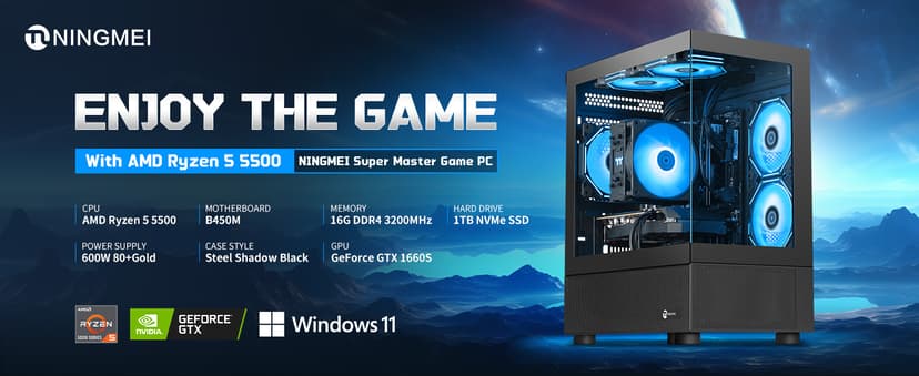 Gaming PC Desktop Computer,AMD Ryzen 5 5500 4.2 GHz,GeForce GTX 1660 Super 6GB,1TB NVMe SSD,16GB DDR4 3200MHz, Air Cooled Prebuilt,650W PSU,Windows 11 Home, Gamer PC, Black