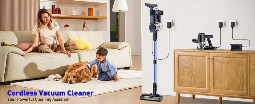 Cordless Vacuum Cleaner, 45KPA 8 in 1 Lightweight Vacuum Cleaners for Home, 50Mins Anti-Tangle Stick Vacuum, LED Display, Rechargeable Vacuum for Pet Hair/Carpet/Floor (Blue)