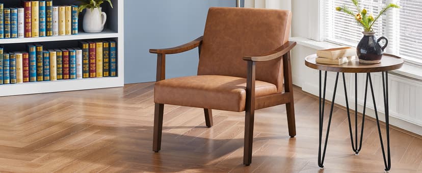 Yaheetech PU Leather Accent Chair, Mid-Century Modern Armchair with Solid Wood Legs, Reading Leisure Chair with High Back for Living Room Bedroom Waiting Room, Brown