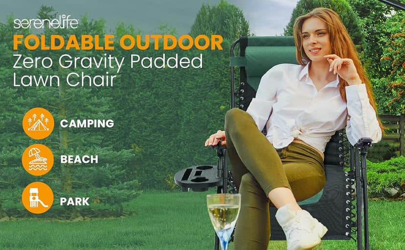 SereneLife Oversized Padded Zero Gravity Lounge Chair, Foldable Outdoor Patio Recliner, Anti Gravity Lawn Recliner with Cup Holder and Side Table for Backyard, Camping, Beach or Outdoor Relaxation