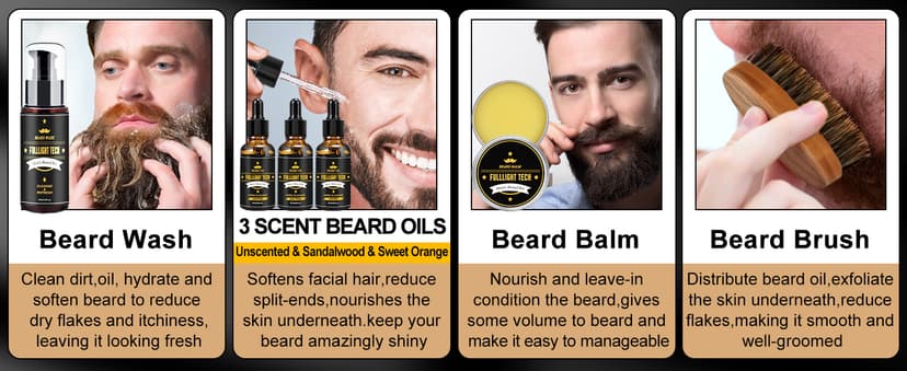 Beard Kit for Men Grooming & Care W/3 Pack Beard Oil, Wash, Balm, Comb, Brush, Scissors,Anniversary Valentines Birthday Fathers Gifts Idea for Husband Him Boyfriend Dad Men Christmas Stocking Stuffers