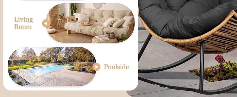 Vongrasig Wicker Egg Chair PE Rattan Rocking Chair with Cushion, Oversized Patio Lounge Rocker Chair for Outdoor, Indoor, Balcony, Backyard, Garden, Black