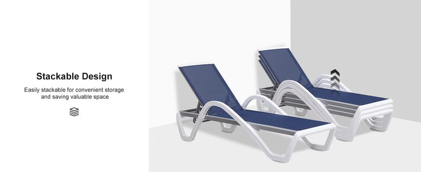 PURPLE LEAF Patio Chaise Lounge Chair Set of 3 Outside Aluminum Plastic Stackable Tanning Chairs with Armrests and Side Table for Pool Sunbathing Beach Deck Outdoor Lounger, Navy Blue